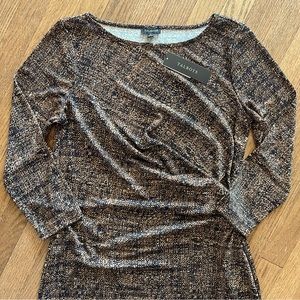 Talbots brown/Black/White Pattern Sheath Dress Mock-wrap bottom Ruched Left Side